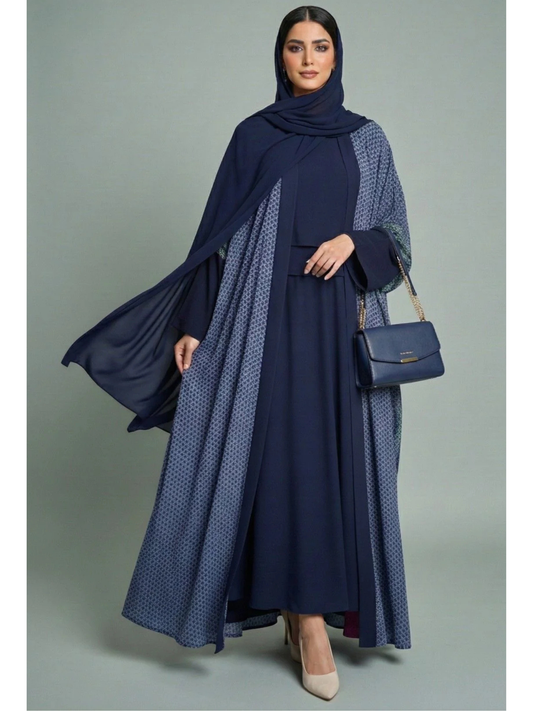 عباية حرير شيفون كحلي بنقشة