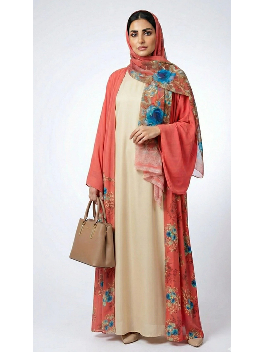 عباية كريب  مرجانية بنقشة ورود