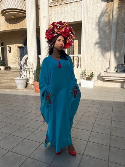 جلابية قطن فيروزي بتطريز زهري