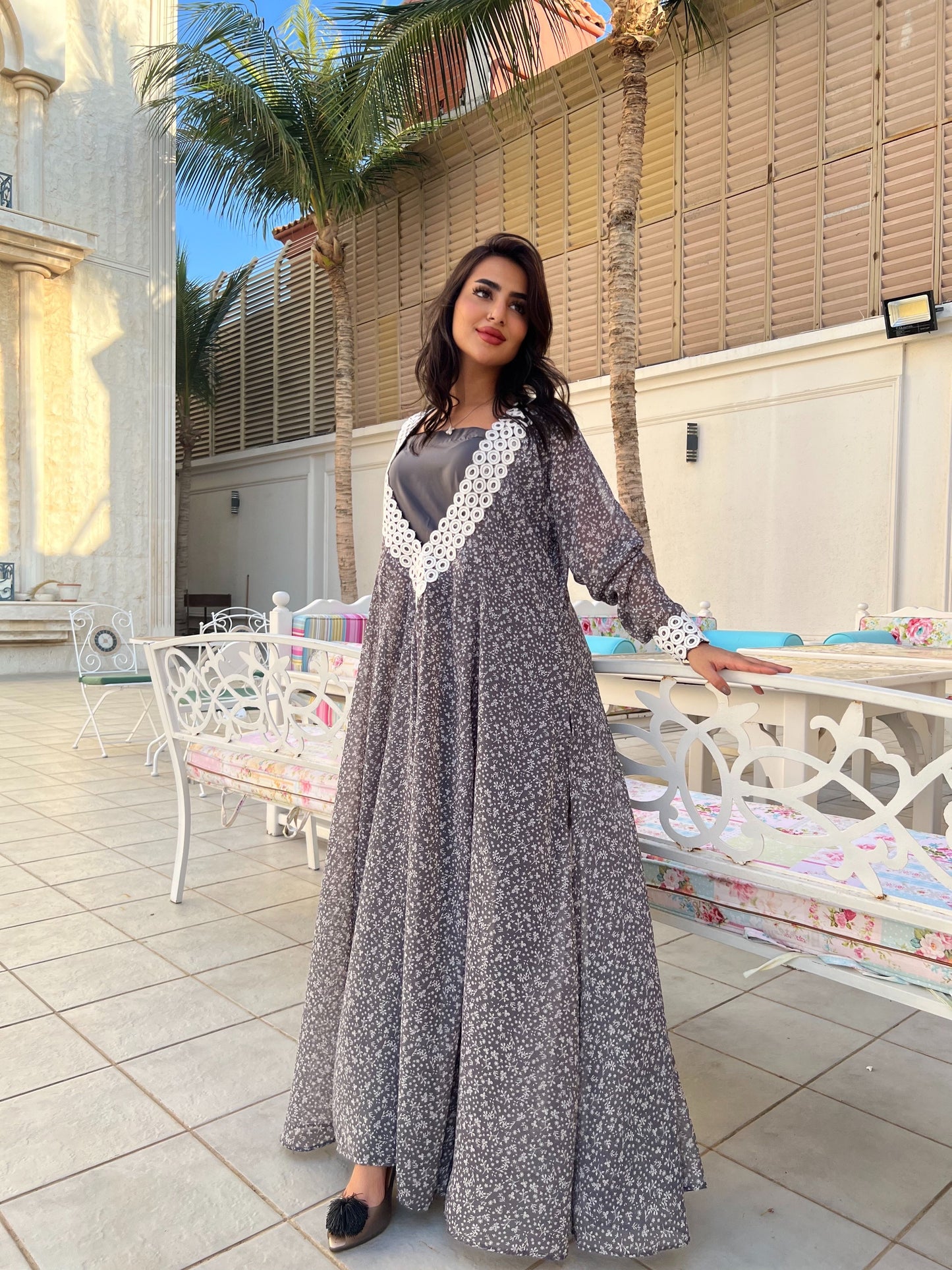 فستان ماكسي قماش منقوش رمادي