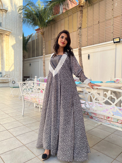فستان ماكسي قماش منقوش رمادي