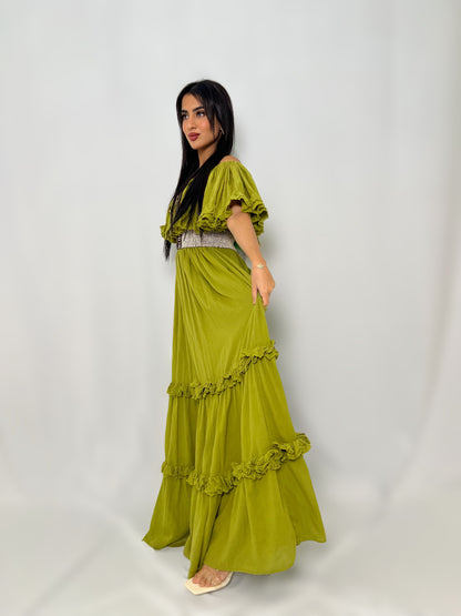 فستان ماكسي كشكش أخضر زيتوني