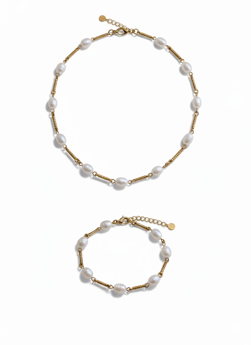 طقم عقد وسوار لؤلؤ ذهبي