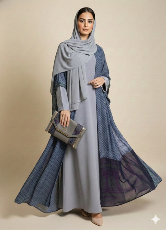 عباية حرير شيفون منقوشة كحلي