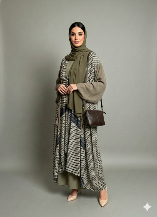 عباية شيفون حرير مطبع كاكي