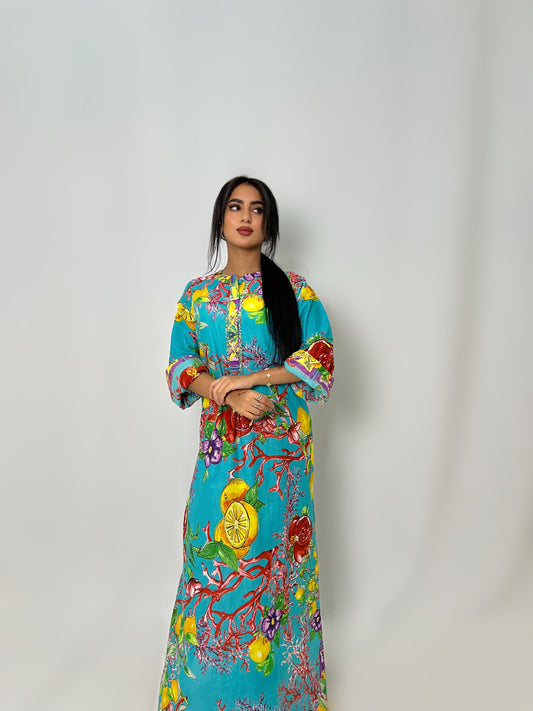 جلابية قطنية فيروزية بنقشة فواكه