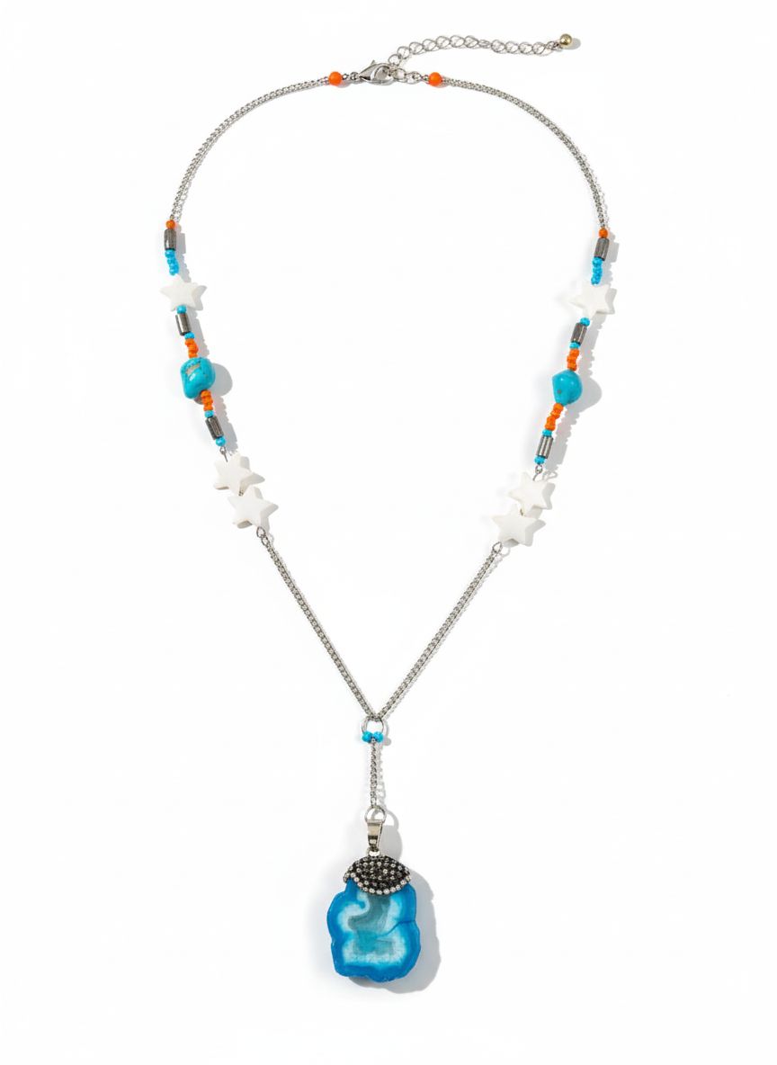 عقد معدني بوهيمي بحجر أزرق