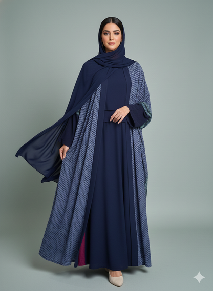 عباية حرير شيفون كحلي بنقشة