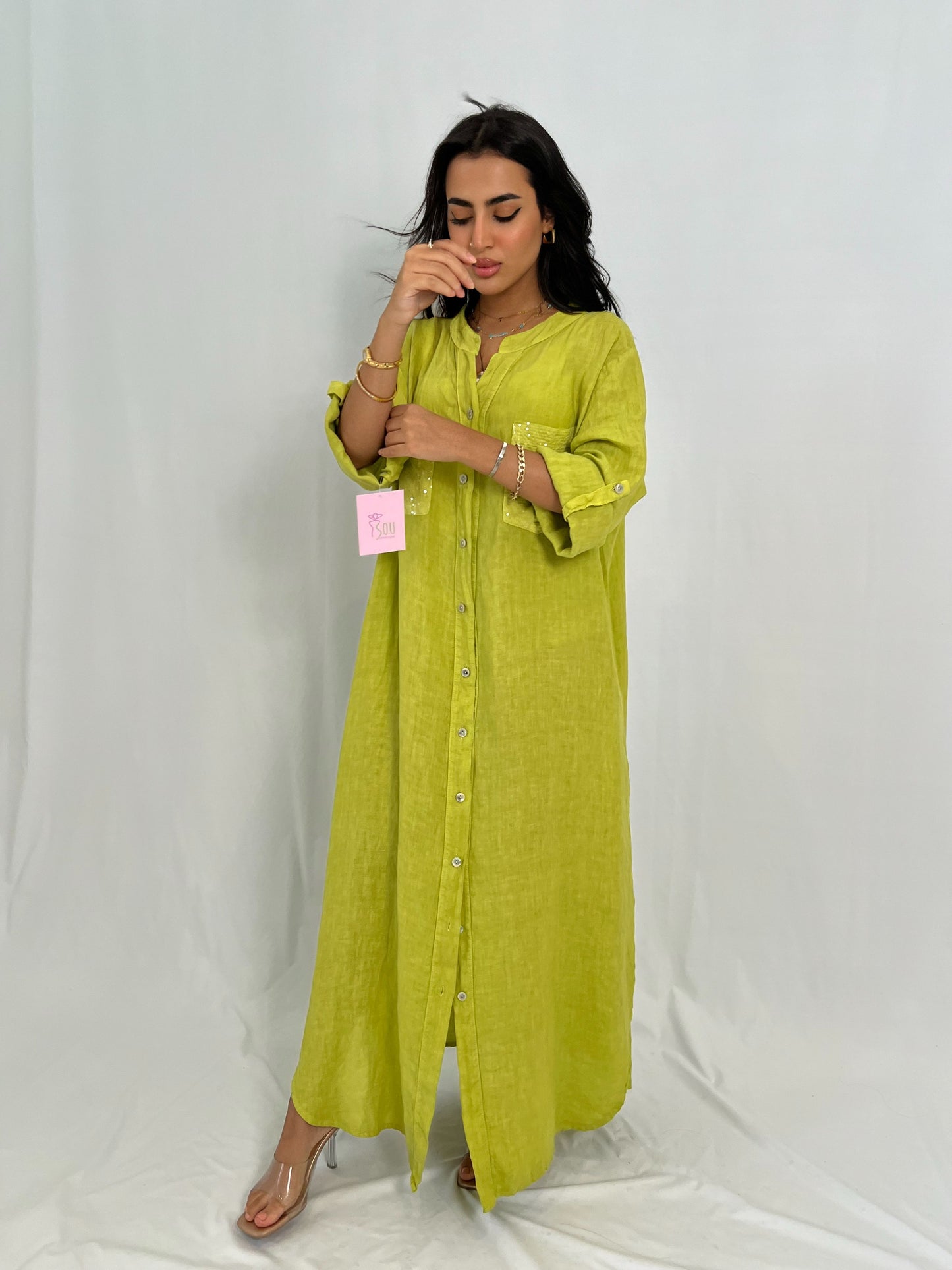 جلابية كتان ليموني بأزرار أمامية