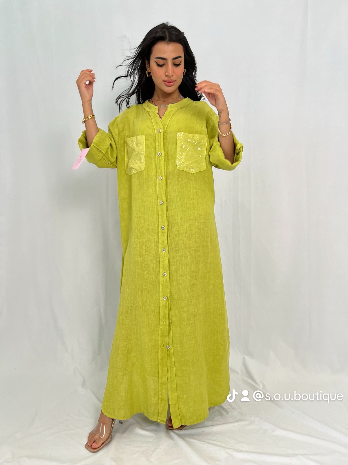 جلابية كتان ليموني بأزرار أمامية