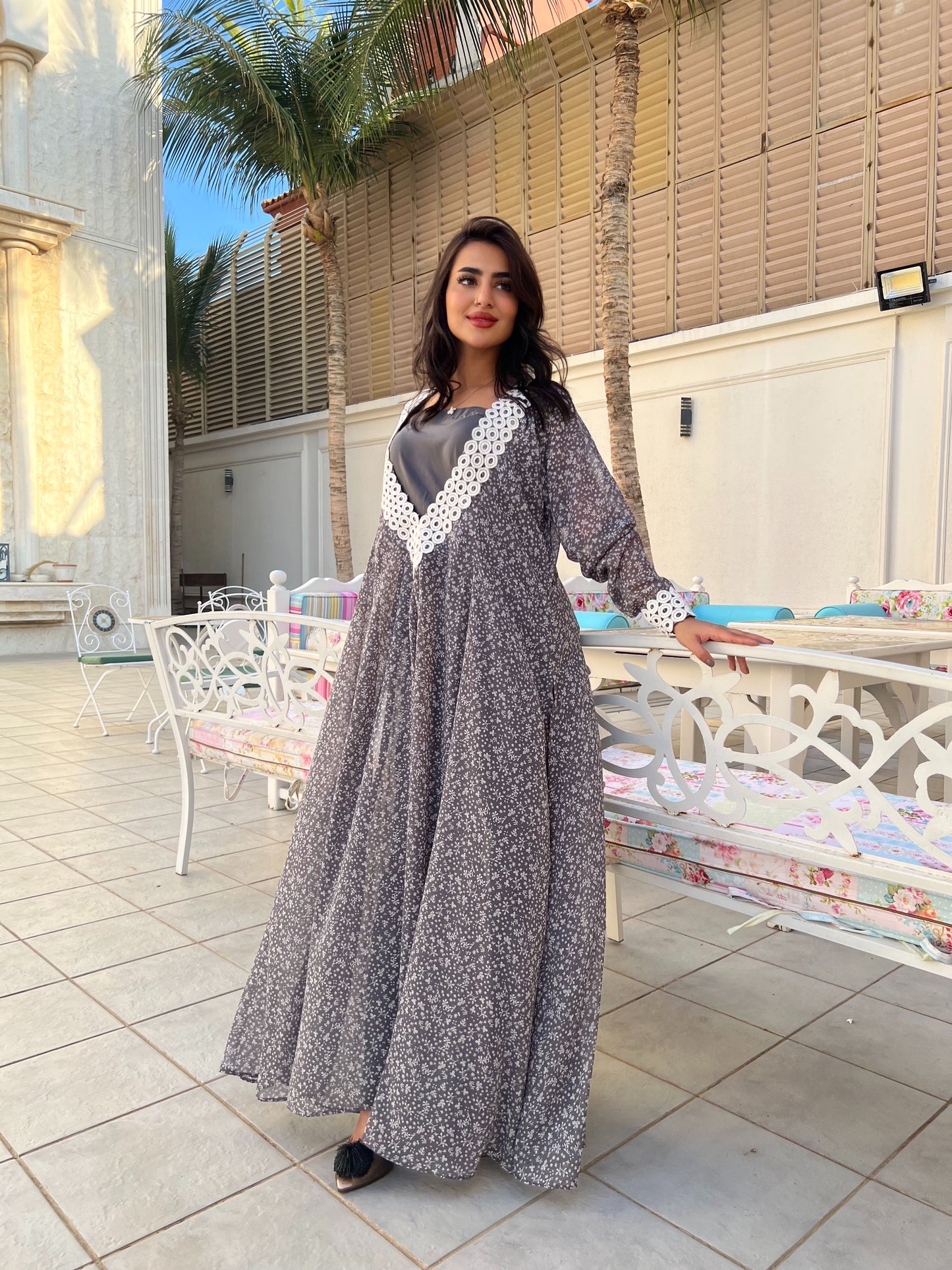 فستان ماكسي قماش منقوش رمادي