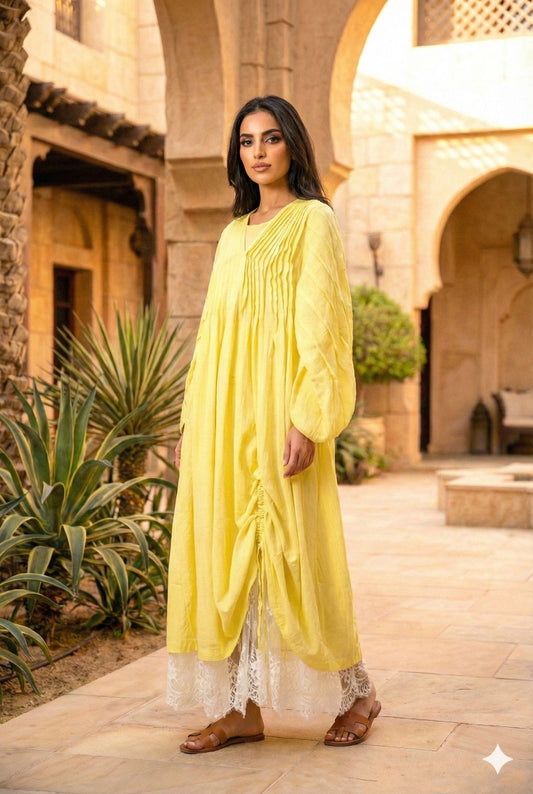 جلابية سهرة سويسرية سادة لون أصفر