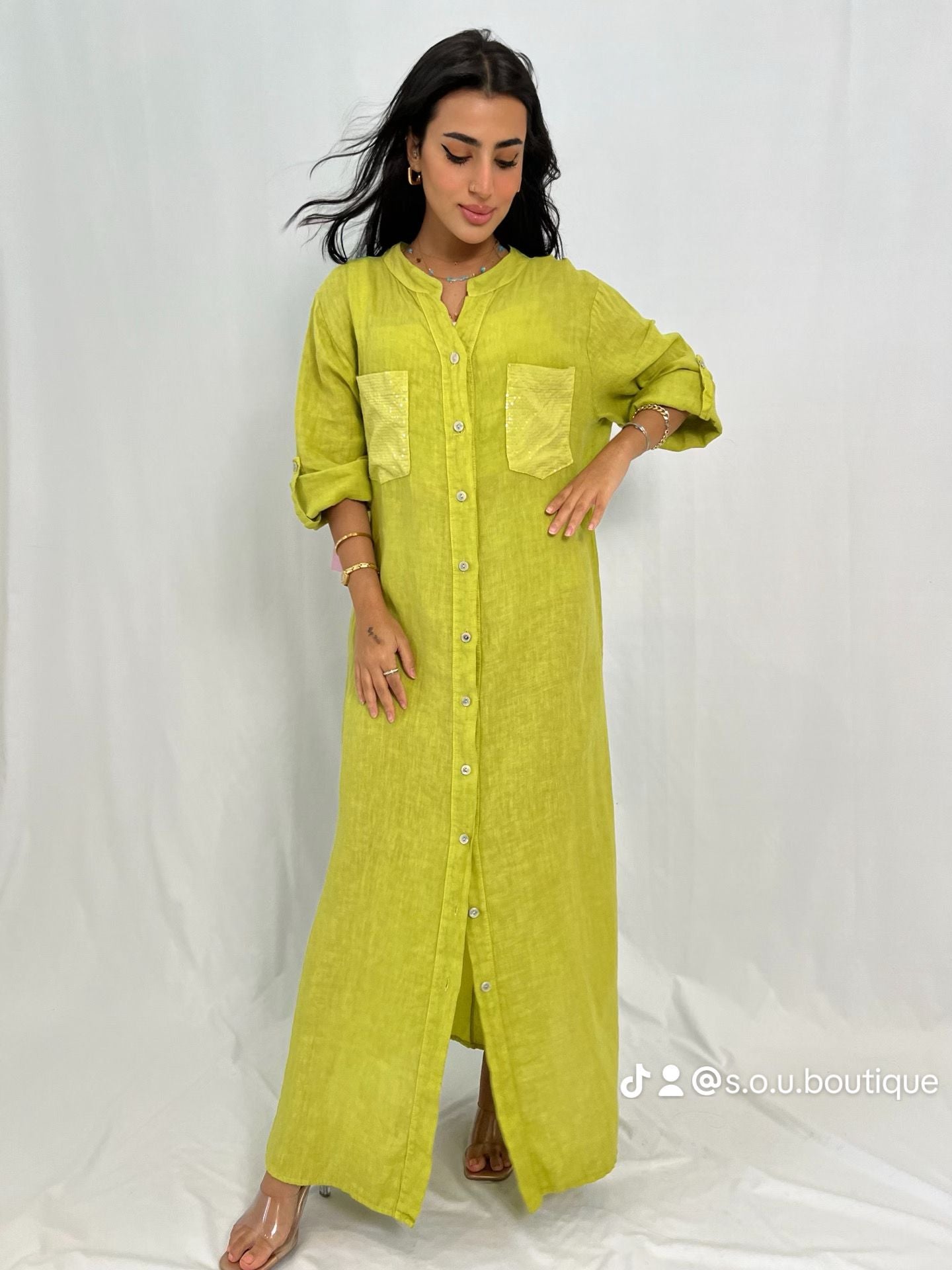 جلابية كتان ليموني بأزرار أمامية