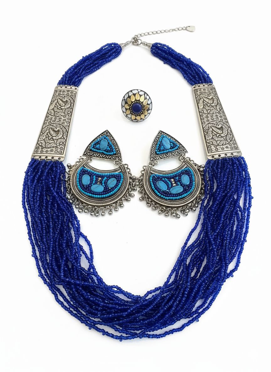 طقم خرز أزرق مزخرف نسائي