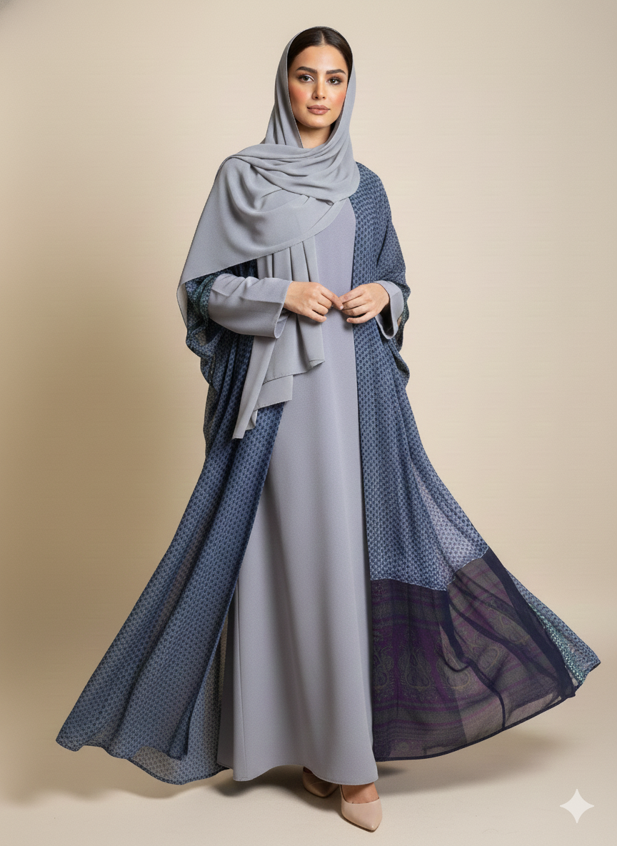 عباية حرير شيفون منقوشة كحلي