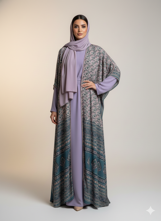 عباية حرير موف بنقشة تركواز