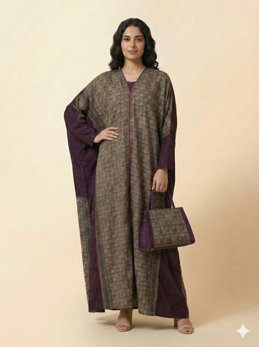 عباية حرير منقوش بلون عنابي