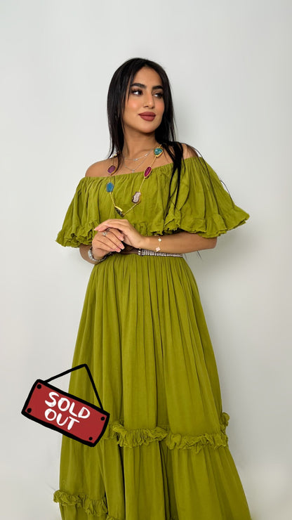 فستان ماكسي كشكش أخضر زيتوني